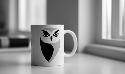 A mug with an owl on it sits on a table