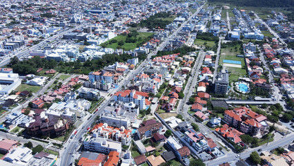 Aerial view of the road system of Ingleses beach in Florianópolis, Santa Catarina, streets and avenues, urban complex, city master plan, neighborhoods and real estate developments.