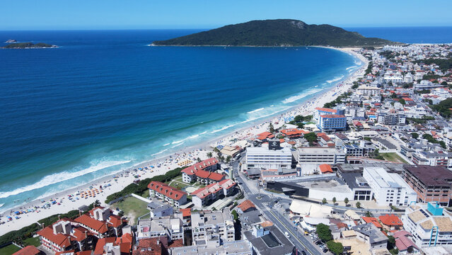 Aerial view of the road system of Ingleses beach in Florianópolis, Santa Catarina, streets and avenues, urban complex, city master plan, neighborhoods and real estate developments. - Powered by Adobe