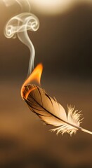A close-up of a feather with a small flame igniting it, producing smoke that curls upward against a blurred background, symbolizing transformation and the delicate balance of nature