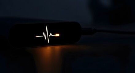 A close-up of a portable medical device displaying a heartbeat line illuminated in a dark environment, emphasizing health monitoring technology
