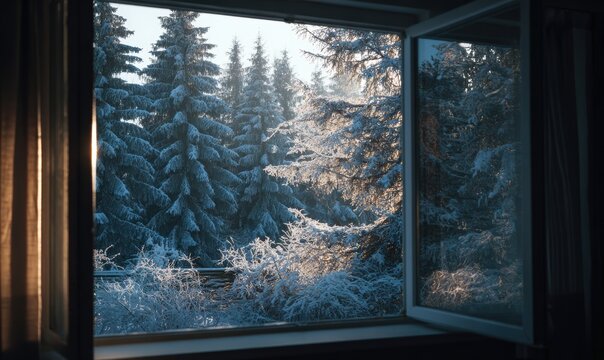 A window with a view of trees covered in snow