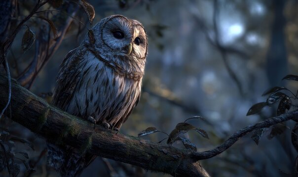 A large owl is perched on a tree branch in the dark
