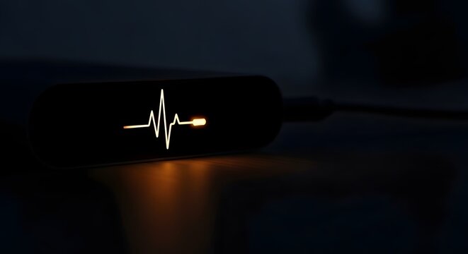 A close-up of a portable medical device displaying a heartbeat line illuminated in a dark environment, emphasizing health monitoring technology