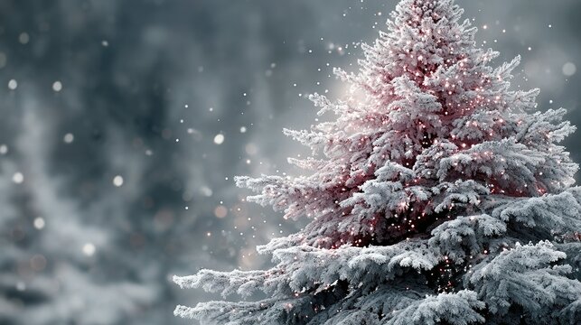Snowy evergreen tree with snow falling in a blurred winter landscape.