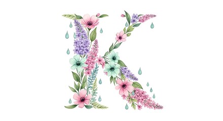 Floral letter K design with transparent background