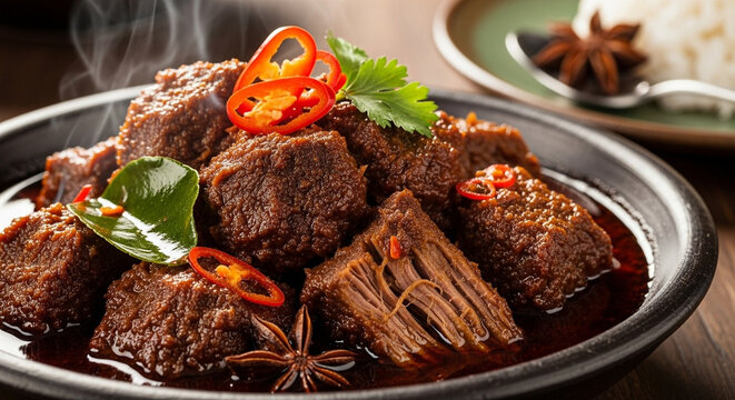 Indonesian beef rendang with thick, dark, caramelized coconut gravy, tender meat fibers visible in a rich close-up shot