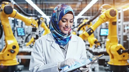 A woman in a lab coat and headscarf uses a tablet amidst robotic arms in a factory - Powered by Adobe
