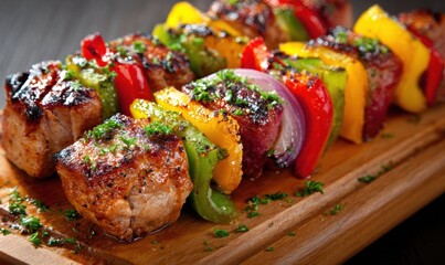 A plate of meat and vegetables with a wooden board underneath