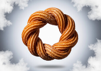 Delicious churro pastry with a twisted shape presented against a cloudy sky perfect for food and dessert concepts