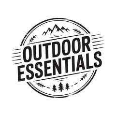 Outdoor essentials emblem with mountains and trees