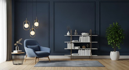 Interior of a modern living room with blue armchair, bookshelf and dark blue wall