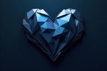 Minimalist geometric heart shaped invitation design with clean lines and a sophisticated color palette. A heart shape composed of sharp, intersecting geometric lines and shapes. The colors are a