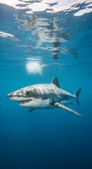 Fototapeta premium Great White Shark Swimming in the Deep Blue Ocean.