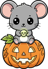 Obraz premium Cute cartoon mouse on a Halloween pumpkin holding a tiny skull lantern
