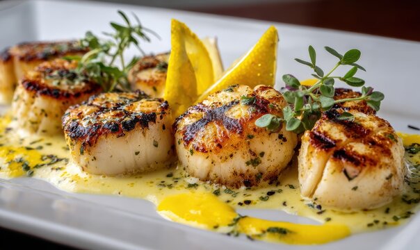 A plate of food with scallops and lemon slices