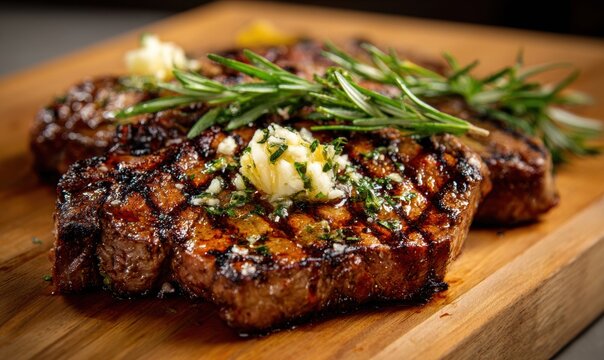 A piece of meat with butter and herbs on top of a wooden cutting board