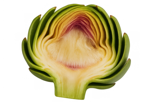 Artichoke half cut showing tender heart, preparing healthy mediterranean food, fresh organic vegetable with transparent background
