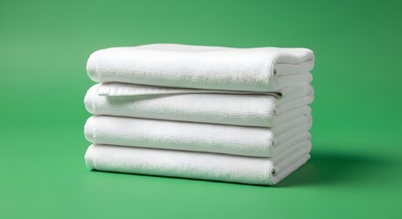 A neatly folded stack of white towels arranged on a vibrant green background, showcasing clean and fresh linen suitable for bathroom or spa settings
