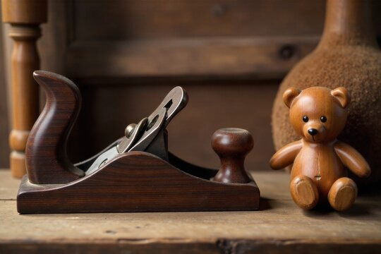 Daddy s Little Helper Tools Toys for a Caring Father Figure A close up, top down view of a rustic wooden workbench. Arranged artfully are vintage woodworking tools like a hand plane, a small saw, and