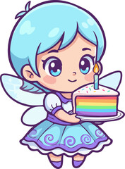 Fototapeta premium Cute fairy character holding rainbow birthday cake