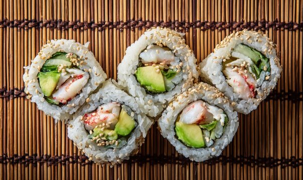 A sushi roll with avocado and shrimp on top