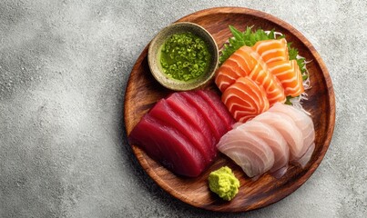 A plate of sushi with a variety of fish and a dipping sauce