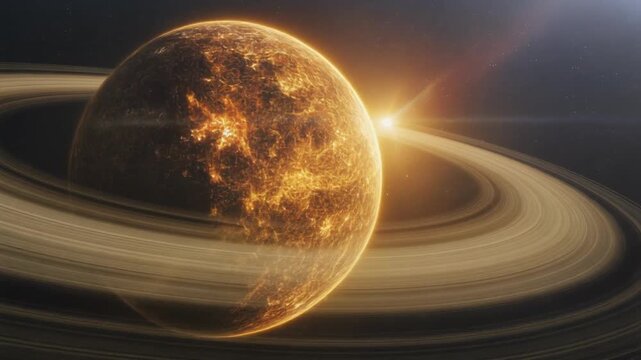 Dramatic cosmic scenery showcasing Saturn with luminous rings glowing across the deep dark expanse of space in a vast celestial atmosphere