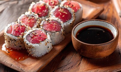 A plate of sushi with a sauce next to it