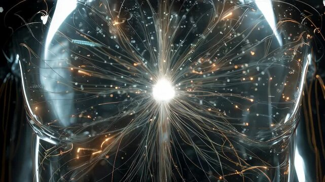 A radiant core of branching filaments inside a clear torso emphasizes internal energy flow expressed through delicate luminous structures and symmetrical patterns