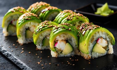 A long roll of sushi with avocado and shrimp