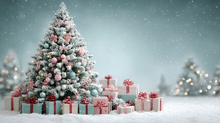 Christmas tree with gifts in a snowy winter landscape festive scene.