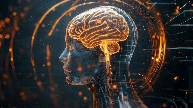 A detailed head visualization combining luminous brain structures with fine geometric mapping communicates refined cognitive complexity within a futuristic style