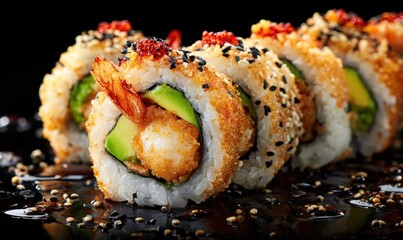 A sushi roll with shrimp and avocado on top