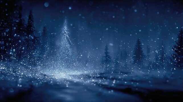 Winter scene with snow falling on trees and ground in blue tones.