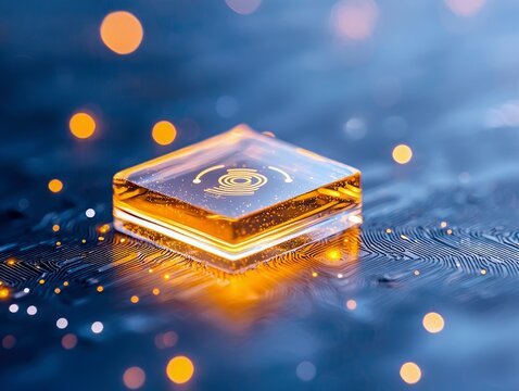 A close-up shot of a transparent, amber-colored chip with a fingerprint etched on its surface, resting on a blue circuit board with glowing orange and white lig