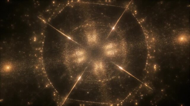 Stunning cosmic fractal animation with golden light bursts unfolding into mesmerizing intricate patterns that create a vast radiant celestial visual atmosphere