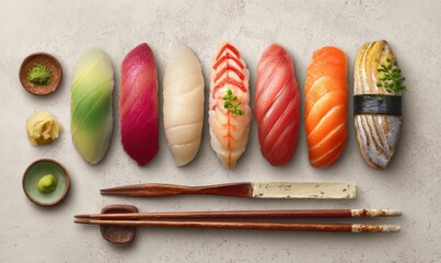 A plate of assorted sushi with chopsticks and condiments