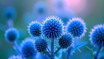 A close-up view of several spherical blue globe thistle flowers, their spiky petals catching the light against a soft, blurred background.