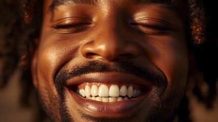 Warm close-up portrait capturing a joyful man smiling brightly in golden sunlight, highlighting expressive emotion, natural confidence, and the vibrant energy of a positive and uplifting candid moment