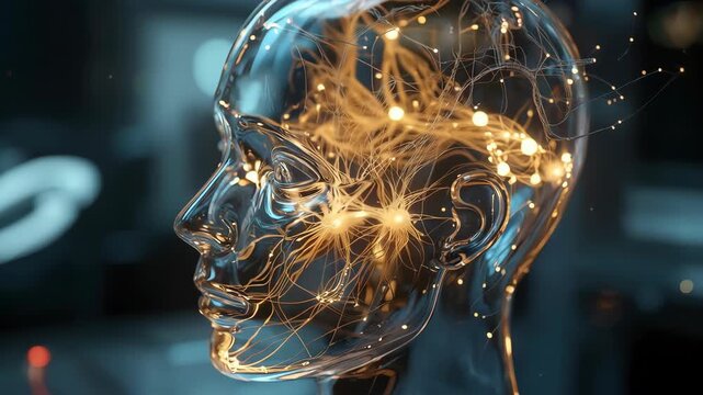 A glasslike head illuminated with vivid neuron clusters and shimmering connective sparks forming a dynamic cognitive structure