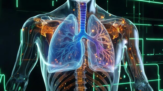 A translucent chest view with bioluminescent lungs radiating contrasting hues as delicate neural branches extend across the cavity