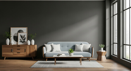 Interior of a modern living room with gray sofa, wooden cabinet and gray wall color