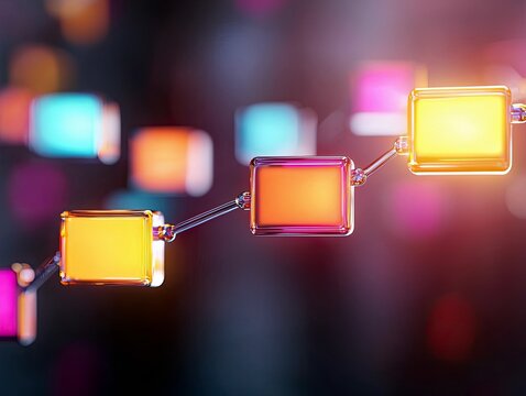 A chain of interconnected, glowing rectangular blocks with colorful lights in the background.