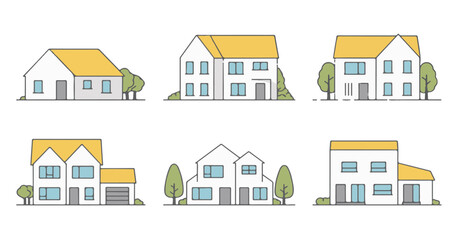 Fototapeta premium Set of Six Different House Illustrations with Trees and Garages Keywords: houses, homes, residential, architecture