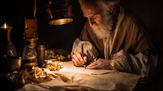 old man writing with a quill on parchment