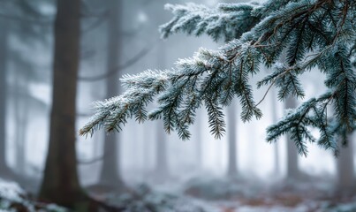 A snow covered tree branch with a frosty appearance