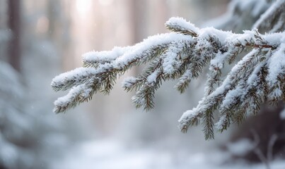 A snow covered pine tree branch with snow on it