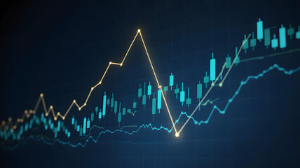 Financial stock market graph with candlestick chart and line graph on dark blue background