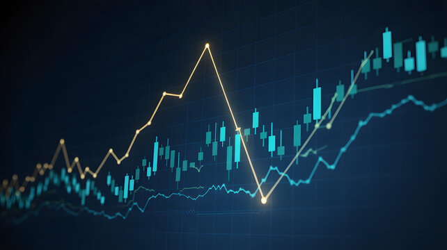 Financial stock market graph with candlestick chart and line graph on dark blue background